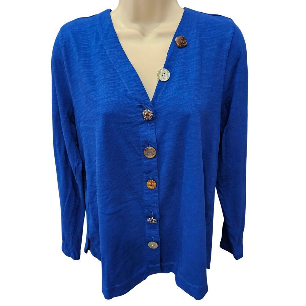 Delia cobalt mixed button accent blouse PM PETITE M Career cotton long sleeve